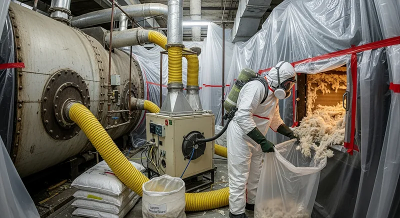 Retrait de flocage dans une chaufferie de grand ensemble, Fameck, quartier de Rémelange