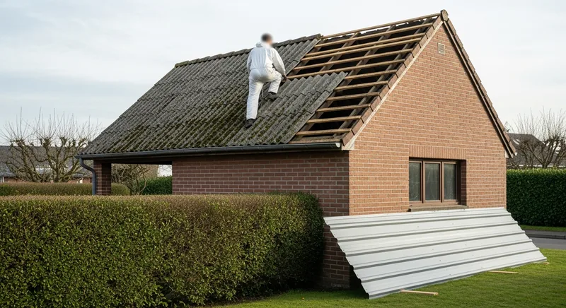 Toiture de garage en fibrociment sur un pavillon sidérurgique, Hagondange, cité de l'Aciérie