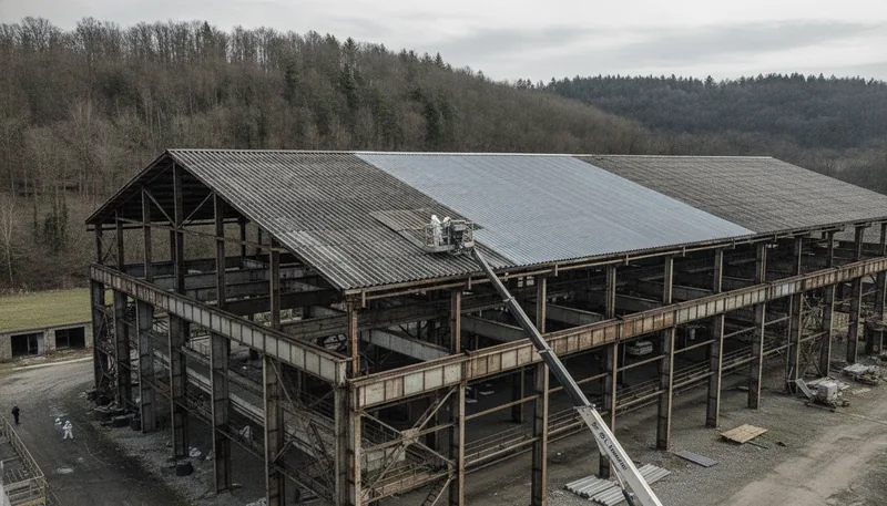Couverture de halle industrielle, 420 m² de fibrociment, Hayange, Marspich