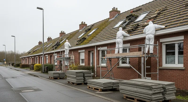 Retrait de couverture fibrociment sur une cité ouvrière, Thionville, quartier de La Milliaire